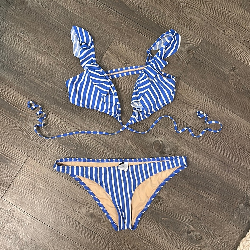 Blue and White Striped Bikini Set
